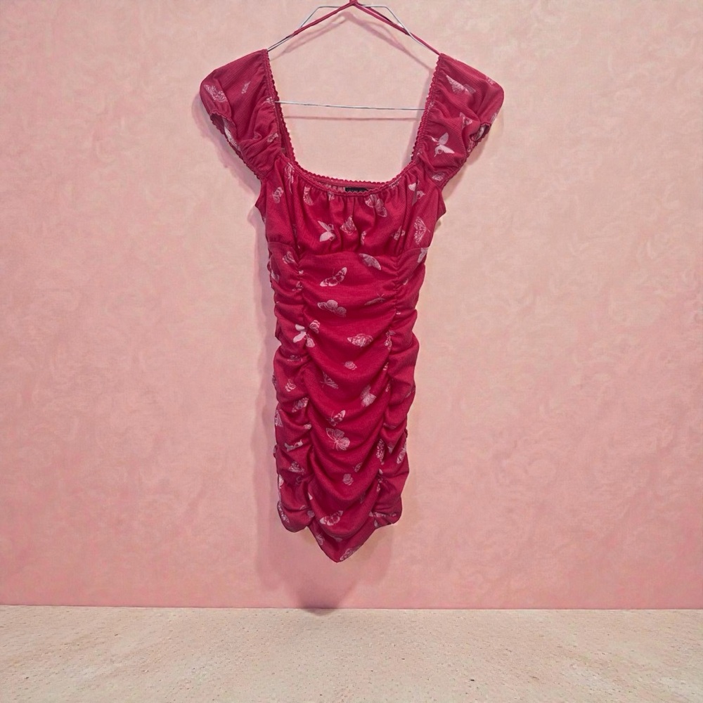 Urban Outfitters Pink Butterfly Ruched Mini Dress
